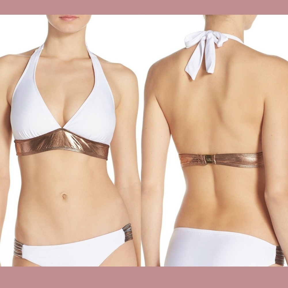 NWT LUXE by Lisa Vogel Premier Metallic Halter Bikini Top‎ in White [SZ 12 ]